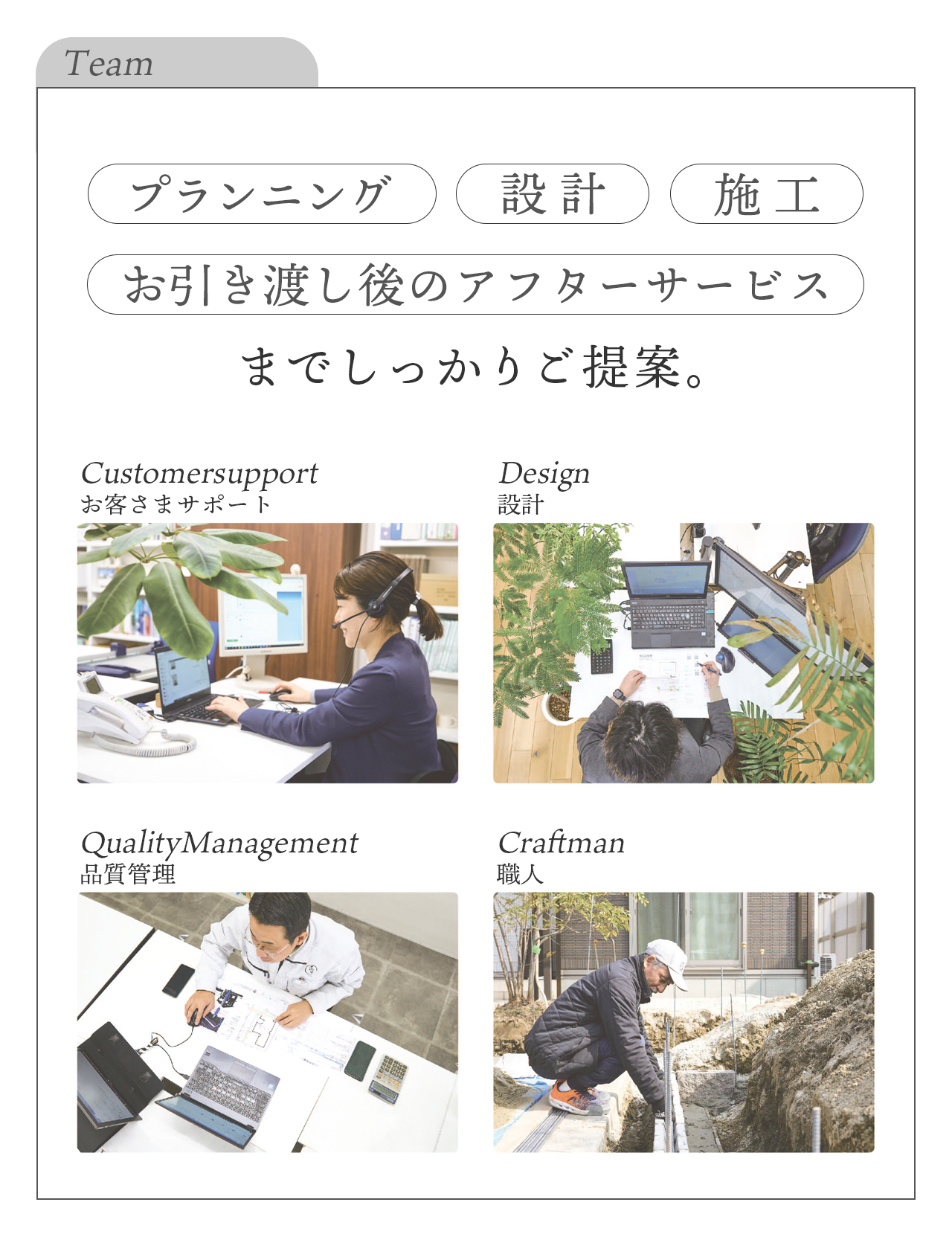 プランニング、設計、施工、お引き渡し後のアフターサービスまでしっかりご提案。