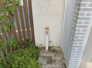 引きで見た2口蛇口の立水栓